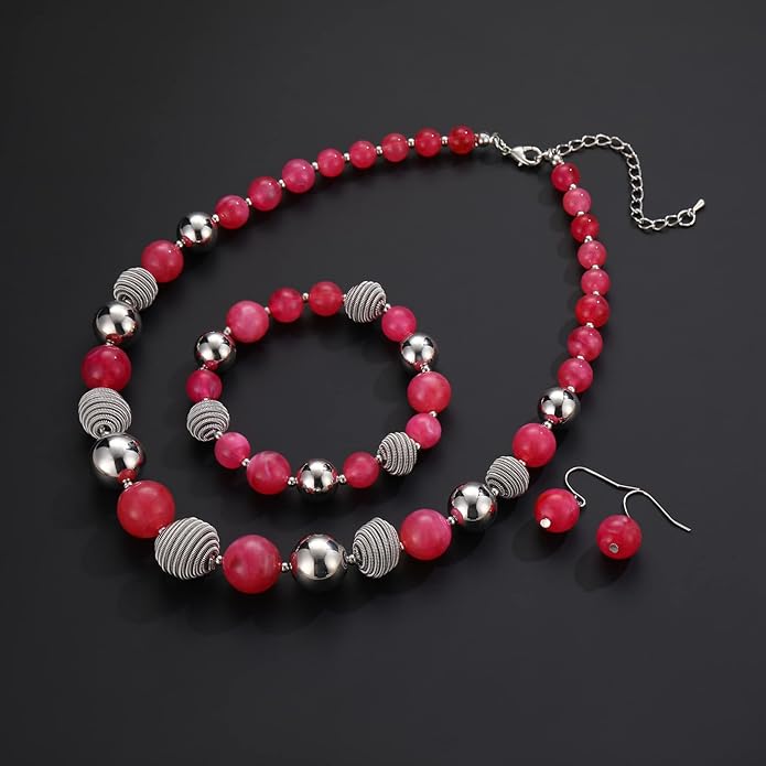 PEARL&CLUB Beaded Chunky Statement Necklace Earring and Bracelet Set Silver Metal Bead Fashion Jewelry Set Mothers’ Day Gifts for Women