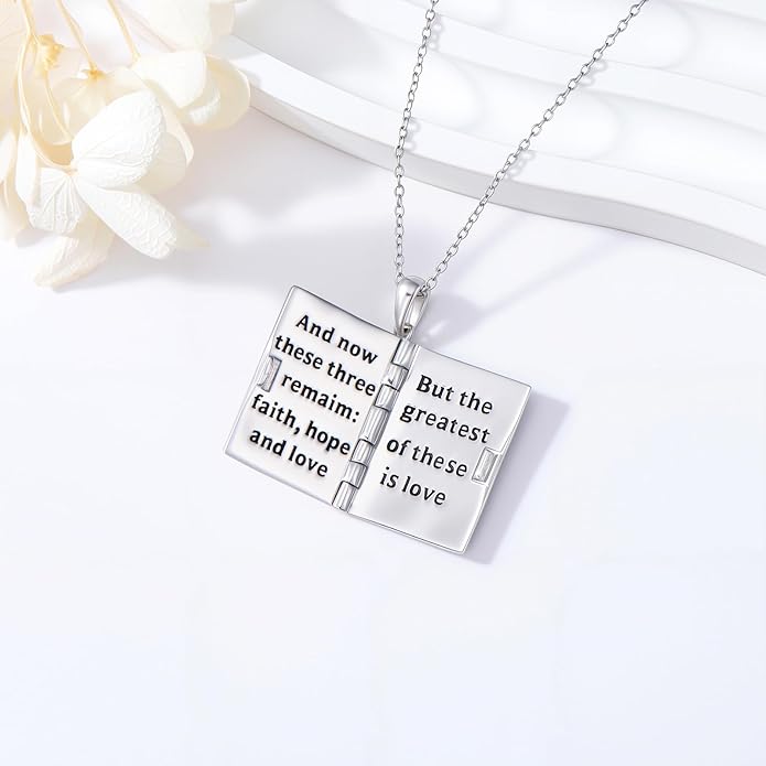 925 Sterling Silver Mini Bible Book Pendant Necklace, Openable Vintage Necklace, Christian Prayer Scripture Jewelry for Men and Women