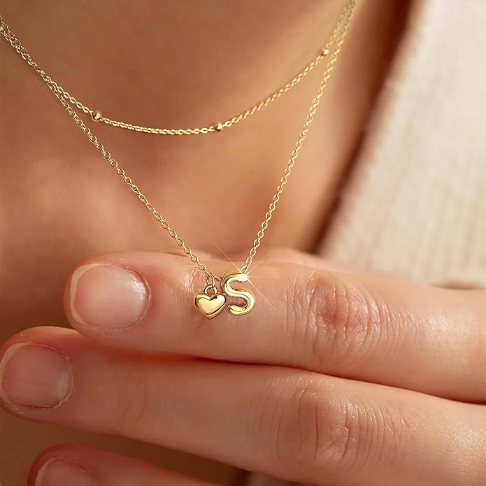 adoyi Gold Necklace for Women Layered Bubble Heart Letter Initial Necklaces for Women Trendy Jewelry 14K Gold Plated Chain Chunky Name Necklace Stack Charm A-Z Pendant Set Jewelry Gifts
