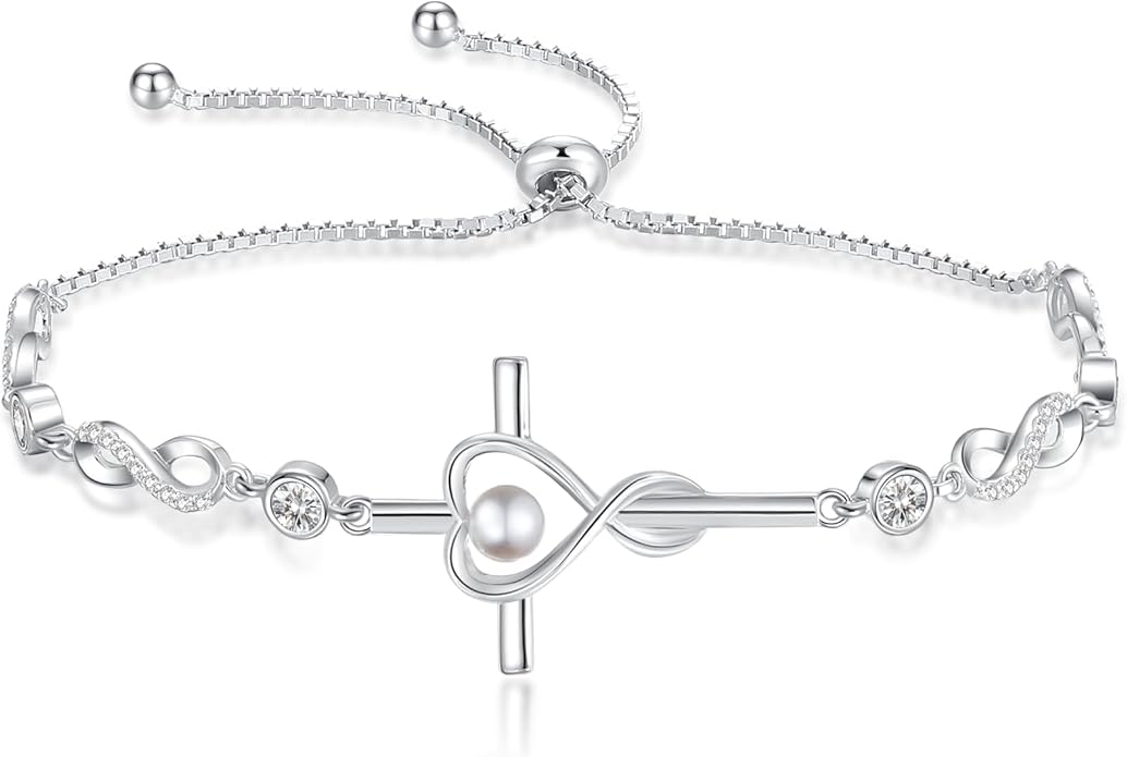 FANCIME Gift for Women Cross Bracelet 925 Sterling Silver Heart Birthstone Bracelet Fine Jewelry Birthday Gifts for Her Women