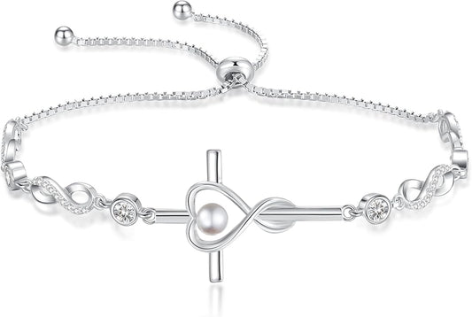 FANCIME Gift for Women Cross Bracelet 925 Sterling Silver Heart Birthstone Bracelet Fine Jewelry Birthday Gifts for Her Women
