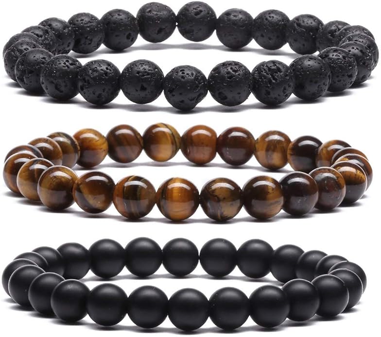 MengPa Mens Beaded Bracelets Couples Matching Bracelet Set Lava Rock Beads for Women Stone Jewelry