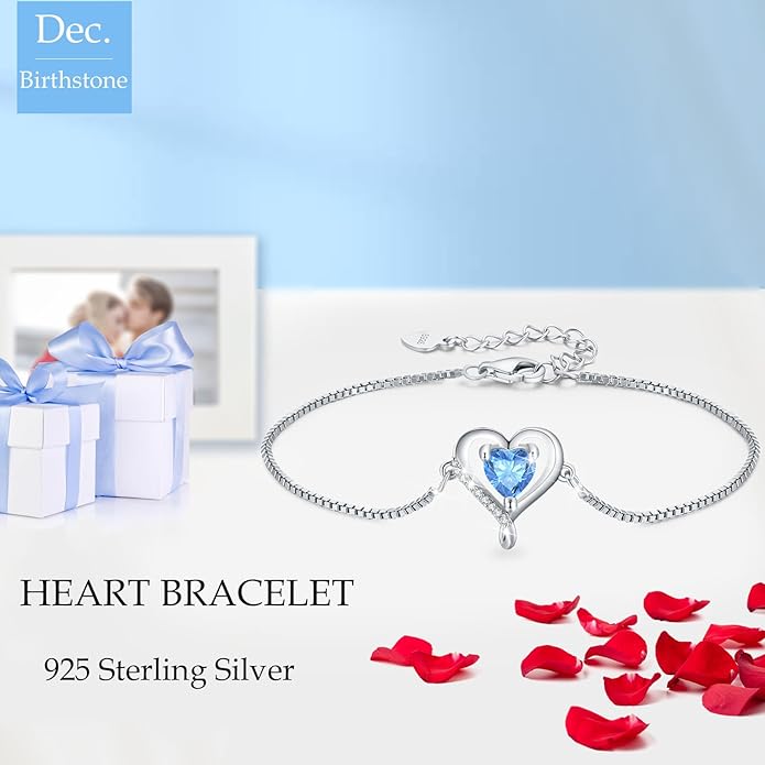 LAVUMO Love Heart Bracelets for Women 925 Silver Charm Birthstone Bracelet Adjustable Anniversary Birthday Jewelry Gifts for Women Girlfriend Wife Daughter Mom Her