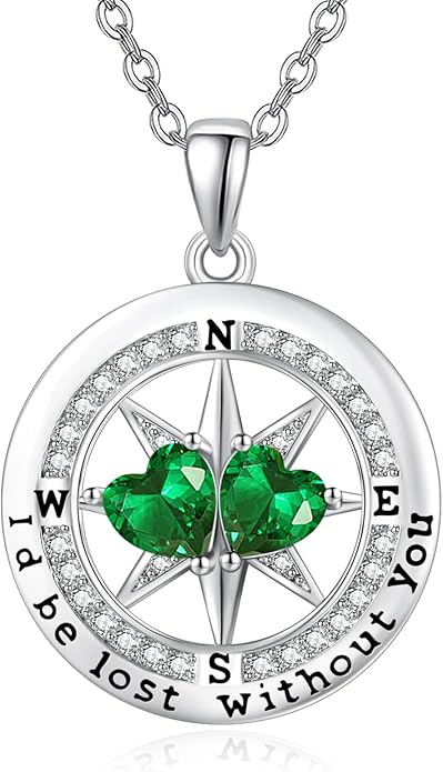 JIYVY32 Compass Birthstones Necklace for Women, Exquisite S925 Necklace Anniversary Birthday Gifts for Wife Her Double Birthstone Pendant jewelry ‘I'd be Lost Without You’