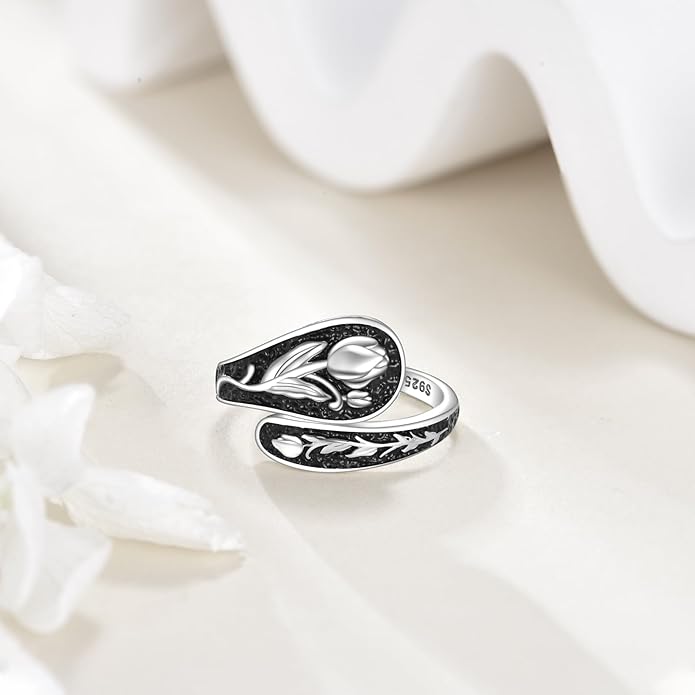 925 Sterling Silver Tulip/Dragonfly Ring for Women Flower Ring Vintage Jewerly Gift for Women