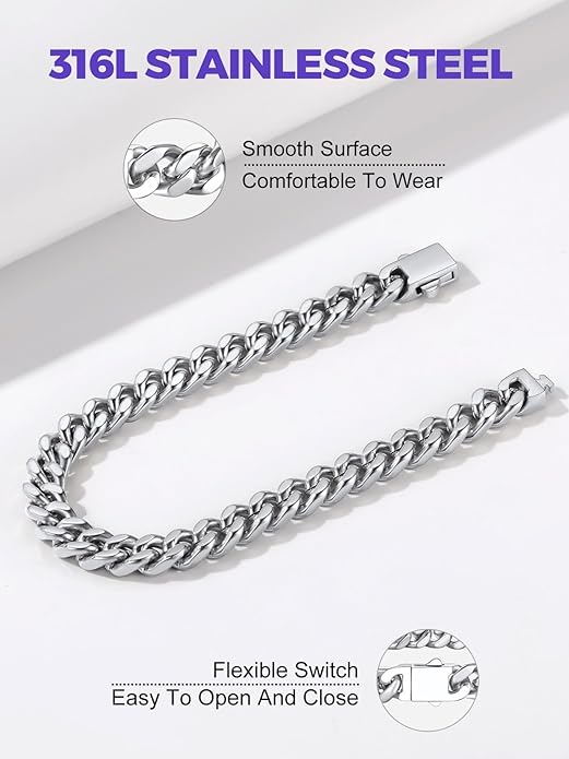 Richsteel 5/7/9/12mm Wide Miami Cuban Link Chain Bracelet for Men Women,Stainless Steel/Gold/Black Plated,7.4/8.2/9 Inch Length,Hip Hop Urban Street-wear Jewelry(Gift Wrapped)