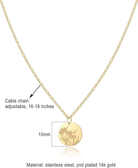 Birth Flower Necklace, 14K Gold Plated Floral Pendant Necklaces for Women, Simple Dainty Birth Month Flower Necklace, Birthday Jewelry for Women - 12 Month