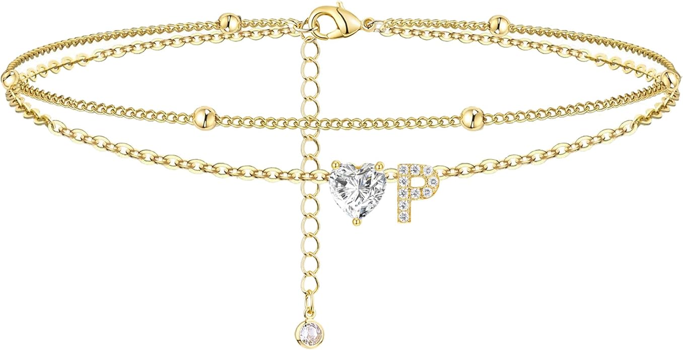 Ankle Bracelets for Women Waterproof 14K Gold Plated CZ Initial Anklet for Women Dainty Layered Letter Heart Ankle Bracelets Handmade Adjustable Foot Chain Anklet Summer Beach Jewelry