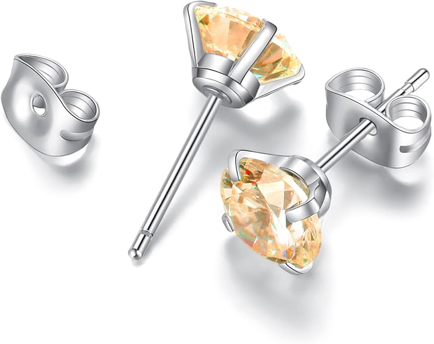 6 Pairs Stud Earrings Set, Hypoallergenic Cubic Zirconia Earrings 316L Stainless Steel CZ Earrings 3-8mm