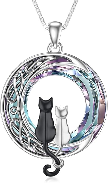 TOUPOP Christmas Cat Gifts for Cats Lovers One Two Three Four Cats Necklace Sterling Silver Cats on the Moon Pendant Necklace with Blue Circle Crystal Birthday Christmas Celtic Jewelry Gifts for Women