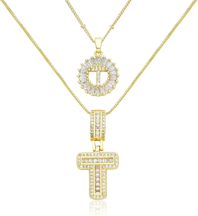 14K Gold Plated Initial Letter Pendant Necklace, Cubic Zirconia Crystal, Copper Chain