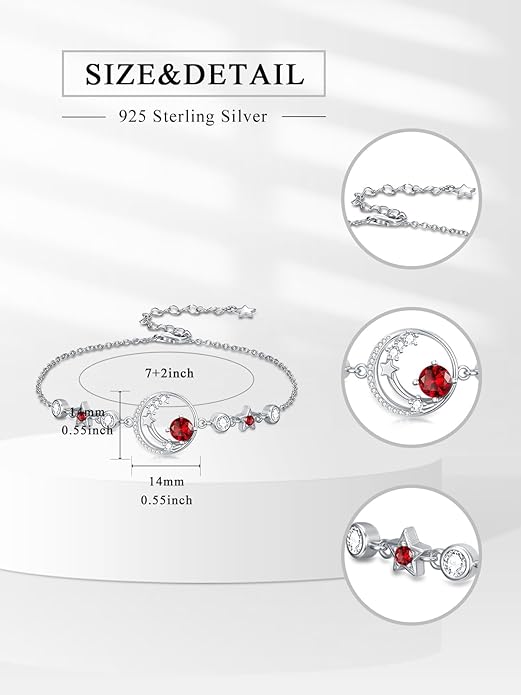 Moon and Star Birthstone Charm Link Bracelet 925 Sterling Silver Moon and Star Bracelet with 12 Months Birthstone Birthday Jewelry Gifts for Women Mom Her,Chain Length 7"+2" Extend