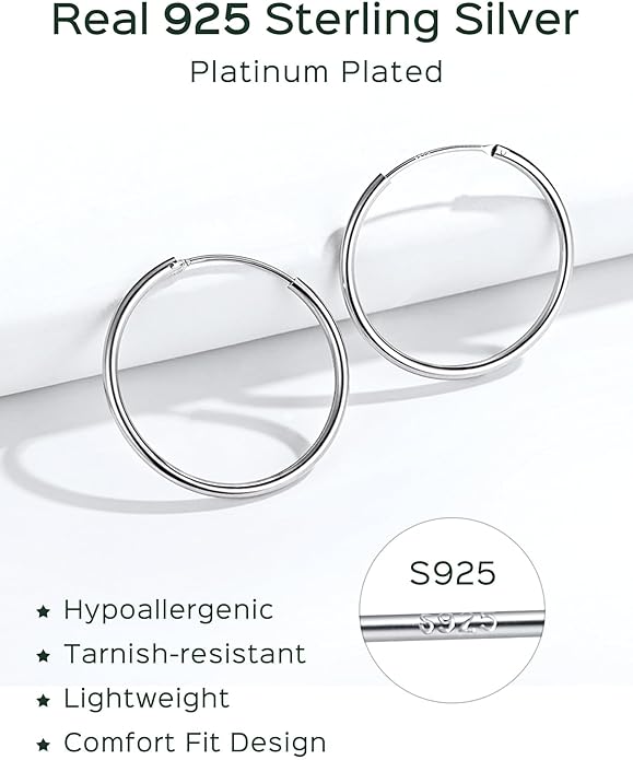 ChicSilver Hypoallergenic 925 Sterling Silver Hoop Earrings for Women, Lightweight Large Gold Plated Hoop Earrings, Endless Hoops Huggie Earrings 15/20/30/50/70MM