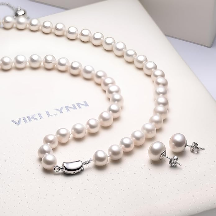 VIKI LYNN Freshwater Cultured Pearl Necklace Set Includes Stunning Bracelet and Stud Earrings Jewelry for Women Gift for Mother's Day, Anniversary, Birthday, Wedding