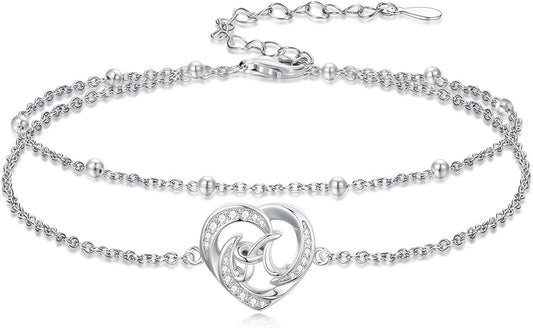 Dorunmo Initial Anklet 925 Sterling Silver Letter A-Z Layered Heart Anklet Beach Jewelry Birthday Gifts for Women
