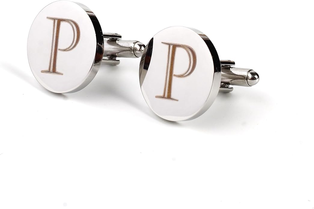 Mens Initial Silver Cufflinks A-Z Alphabet Letter Steel Cuff Links with Engraved Walnut Wood Box Groom Groomsman Wedding Set…