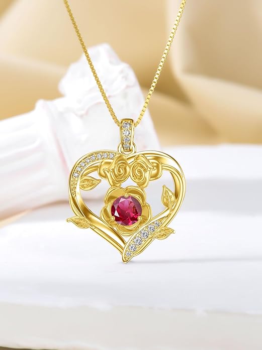 Midari 18K Gold Heart Birthstone Necklace for Women Rose Pendant Birthday Jewelry Gifts for Wife Her Daughter Mom