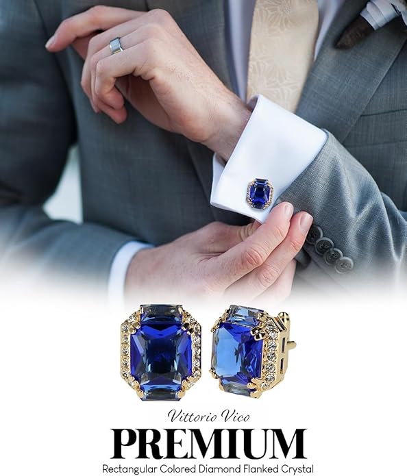 Rectangular Colored Diamond-Flanked Crystal Cuff Links – Tuxedo Suit Accessories, Cufflinks for Men