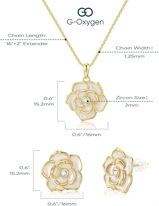 Rose Flower Earring Necklace Set - 14k Gold Plated Hypoallergenic Jewelry Sets For Women, Trendy Cubic Zirconia Floral Hoop Earring Pendant Necklace Anniversary Birthday Gift for Her