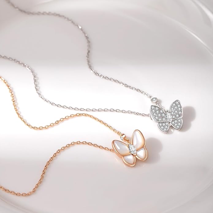 18K Rose Gold Sterling Silver Butterfly Necklace for Women, Mother of Pearl Pendant Necklace, Valentines Day Gift for Her, Wife, Mom, Gift Ready in Elegant Jewelry Box