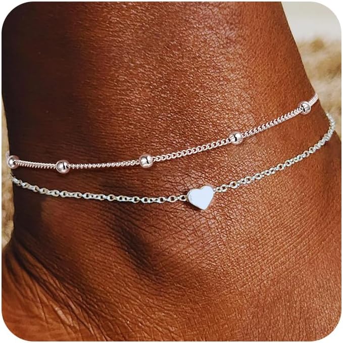 Ritach Ankle Bracelets for Women - Silver/Gold Plated Stainless Steel Anklets for Women Waterproof Layered Cuban Link Figaro Chain Heart Anklets Set Summer Beach Jewelry Gifts