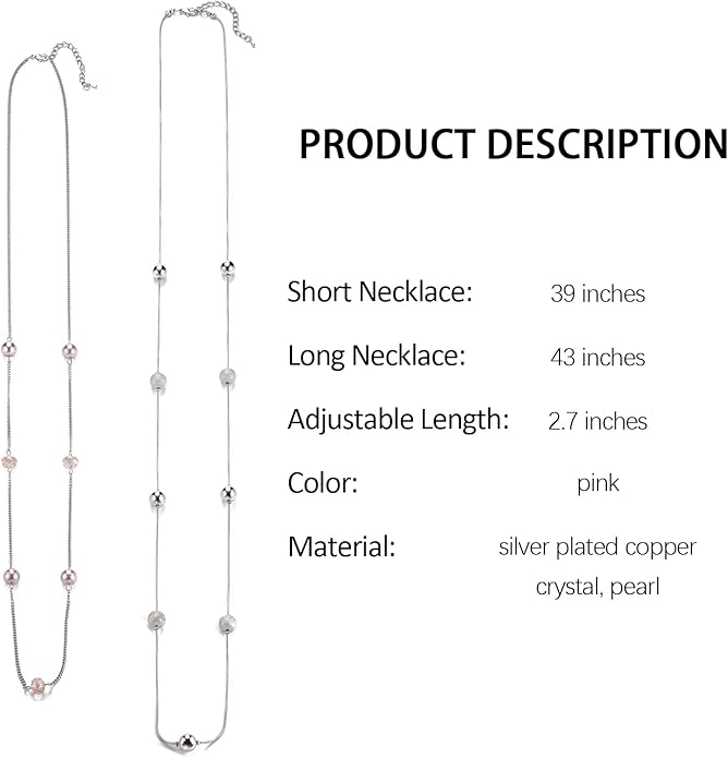 Silver Layered Long Necklace for Women Pearl Crystal Sweater Strand Chain Necklaces Fashion Gifts
