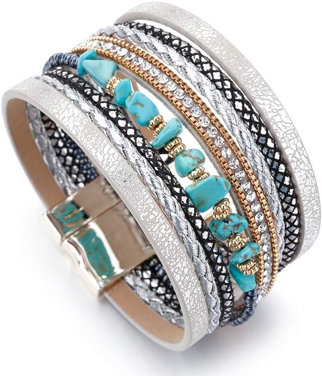 Fesciory Leather Wrap Bracelets for Women, Boho Leopard Multi-Layer Crystal Beads Cuff Bracelet Jewelry