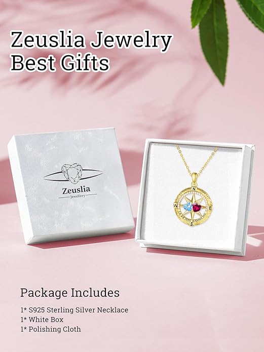 Zeuslia Double Birthstone Necklace Gifts for Wife - 925 Sterling Silver Sunflower/Rose/Crown Cross/Compass/Heart Pendant I Love You Necklace, Anniversary Birthday Gifts for Wife Girlfriend Mom Her