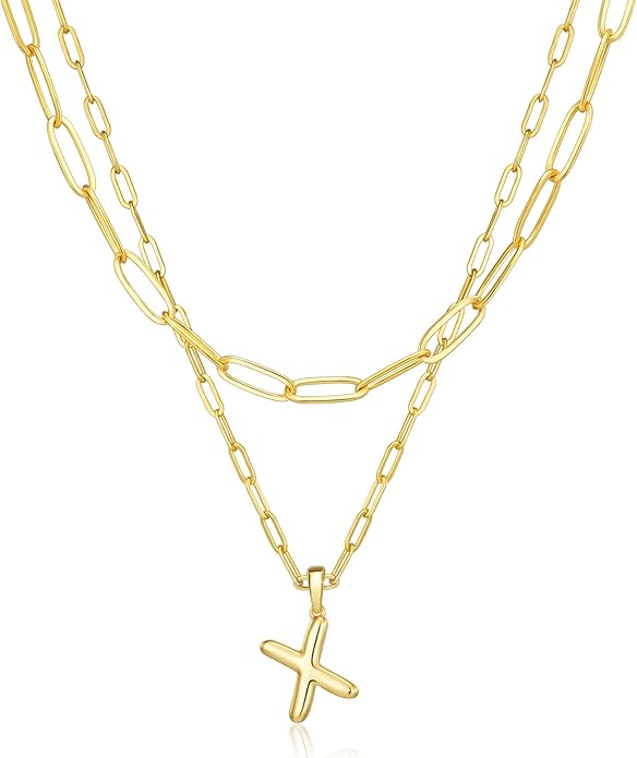 adoyi Gold Necklace for Women Layered Bubble Heart Letter Initial Necklaces for Women Trendy Jewelry 14K Gold Plated Chain Chunky Name Necklace Stack Charm A-Z Pendant Set Jewelry Gifts