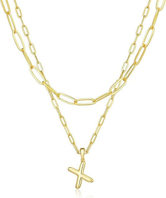adoyi Gold Necklace for Women Layered Bubble Heart Letter Initial Necklaces for Women Trendy Jewelry 14K Gold Plated Chain Chunky Name Necklace Stack Charm A-Z Pendant Set Jewelry Gifts