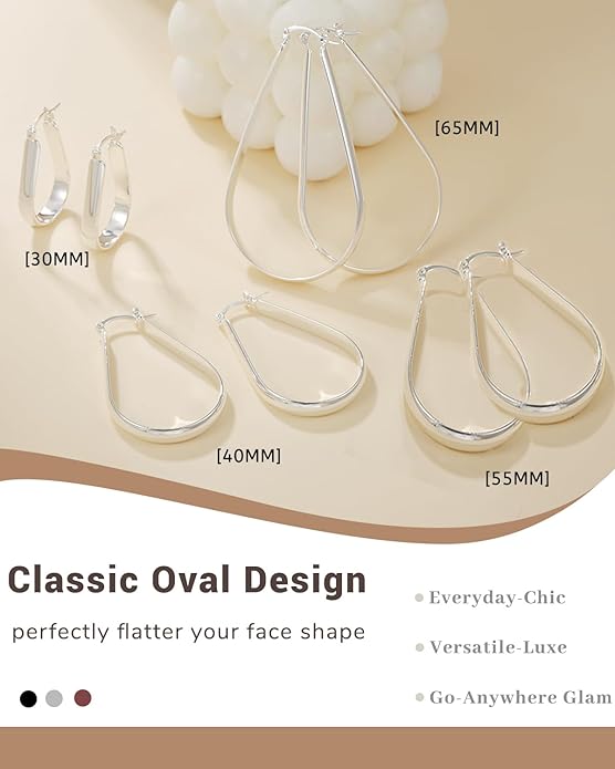 925 Sterling Silver Hoop Earrings for Women Hypoallergenic Oval Sterling Silver Hoop Earrings Large Silver Hoops Earring Lightweight Thick Silver Hoops Earrings for Women 30/40/55/65MM