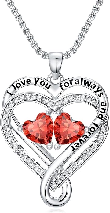 I Love You for Awlays and Forever Double Heart Necklace with Birthstone, 2 Birth Stone Jewelry Anniversary Valentines Mothers Day Christmas Birthday Gifts for Women Her Wife Girlfriend Mom Mother