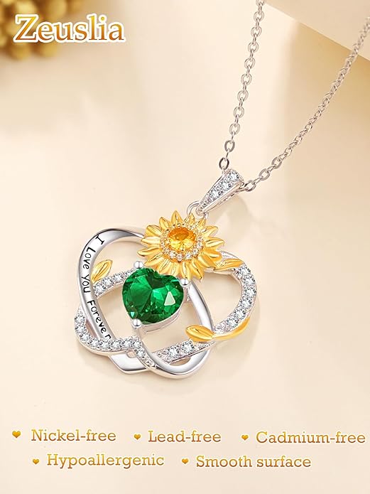 Zeuslia Double Birthstone Necklace Gifts for Wife - 925 Sterling Silver Sunflower/Rose/Crown Cross/Compass/Heart Pendant I Love You Necklace, Anniversary Birthday Gifts for Wife Girlfriend Mom Her