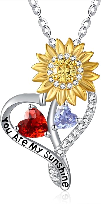 Zeuslia Double Birthstone Necklace Gifts for Wife - 925 Sterling Silver Sunflower/Rose/Crown Cross/Compass/Heart Pendant I Love You Necklace, Anniversary Birthday Gifts for Wife Girlfriend Mom Her
