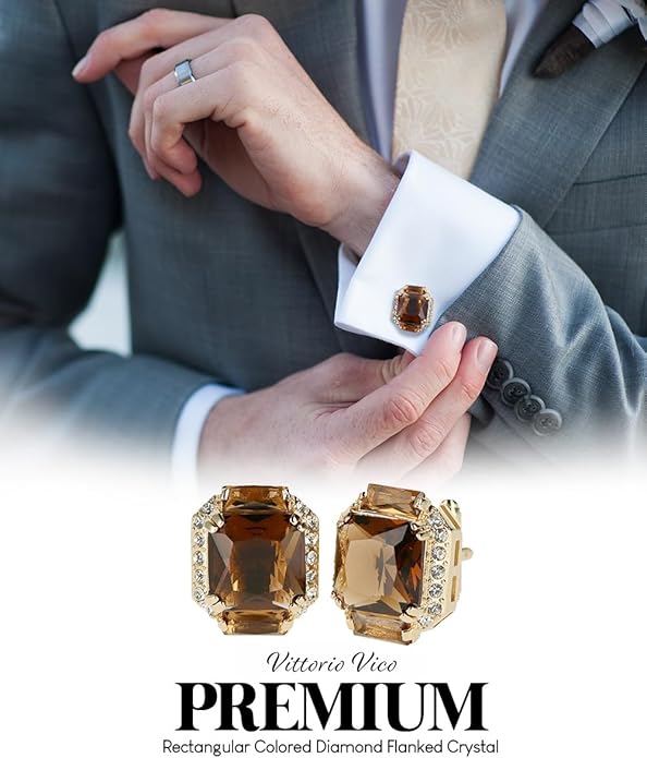 Rectangular Colored Diamond-Flanked Crystal Cuff Links – Tuxedo Suit Accessories, Cufflinks for Men