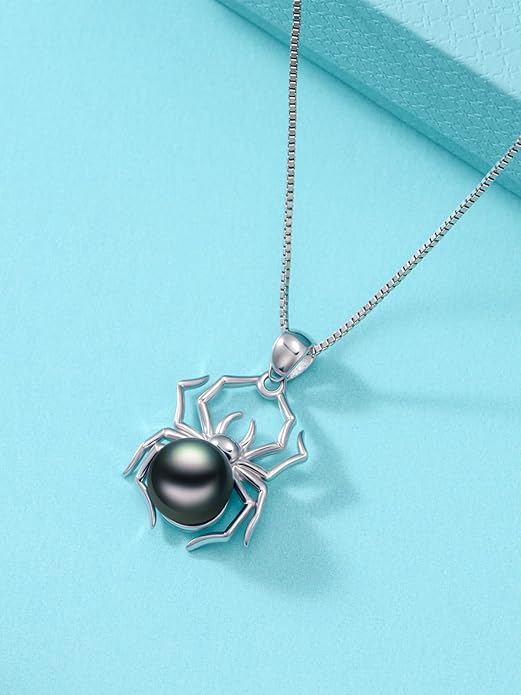 Tahitian Black Pearl 9MM AAAA 18K White Gold Plated Sterling Silver Spider Pendant Necklace for Women Wife Mom Girlfriend Her Jewelry Gift for Anniversary Birthday Halloween