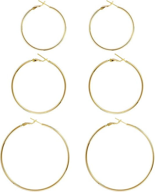 Big Gold Hoop Earrings for Women Hypoallergenic 925 Sterling Silver Post Thin Loop 14K Gold Plated Hoop Earrings Set for Women, 3 Pairs
