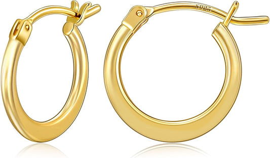 Gacimy Flattened 14K Gold Plated Hoop Earrings for Women, 14K Real Gold Plated Hoops with 925 Sterling Silver Post,Hypoallergenic Lightweight Earring