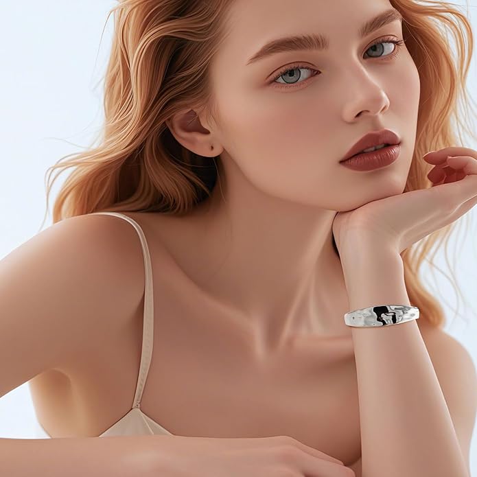 Sterling Silver Chunky Cuff Bracelet Vintage Hammered Texture Style Statement Open Bangle Bracelets for Women Men