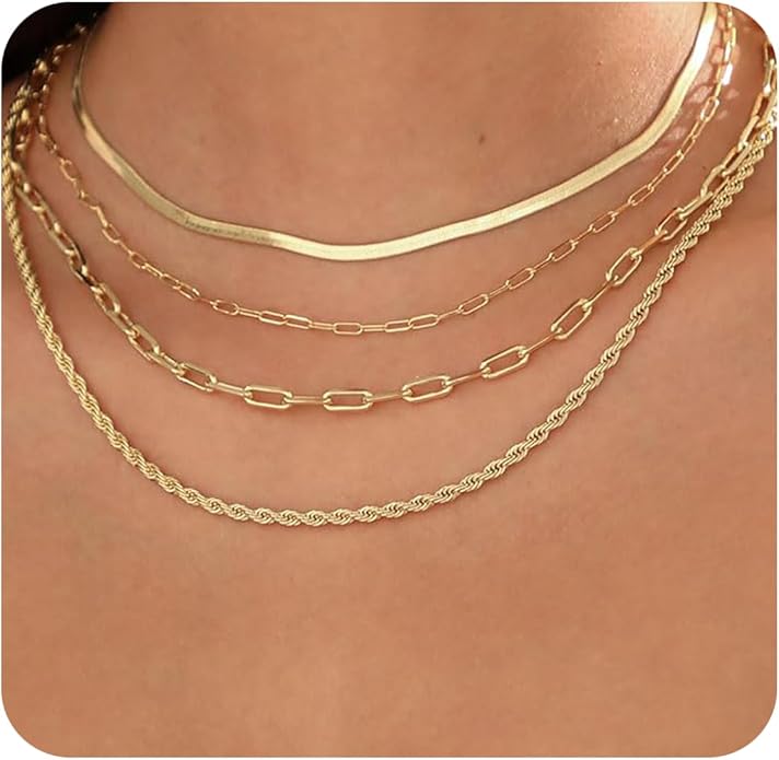 14K Gold Plated Layering Necklaces For Women Gold Necklace Set, Cuban Link, Snake Chain, Paperclip Layered Chains, Twisted Rope and Twisted Chain, Trendy Layering Necklace