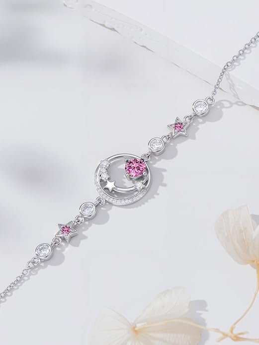 Moon and Star Birthstone Charm Link Bracelet 925 Sterling Silver Moon and Star Bracelet with 12 Months Birthstone Birthday Jewelry Gifts for Women Mom Her,Chain Length 7"+2" Extend