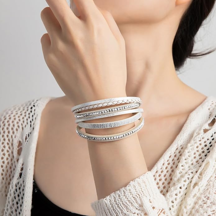 Rantanto Braid Leather Wrap Bracelet Trendy Stackable Crystal Cuff Boho Gold Heart Bracelet Jewelry Gift For Women