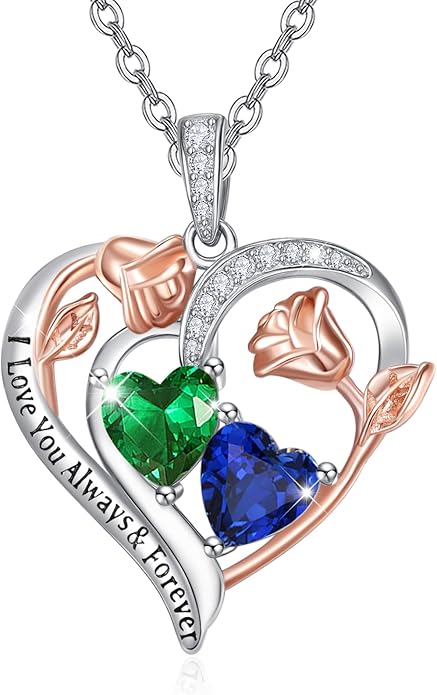 Zeuslia Double Birthstone Necklace Gifts for Wife - 925 Sterling Silver Sunflower/Rose/Crown Cross/Compass/Heart Pendant I Love You Necklace, Anniversary Birthday Gifts for Wife Girlfriend Mom Her