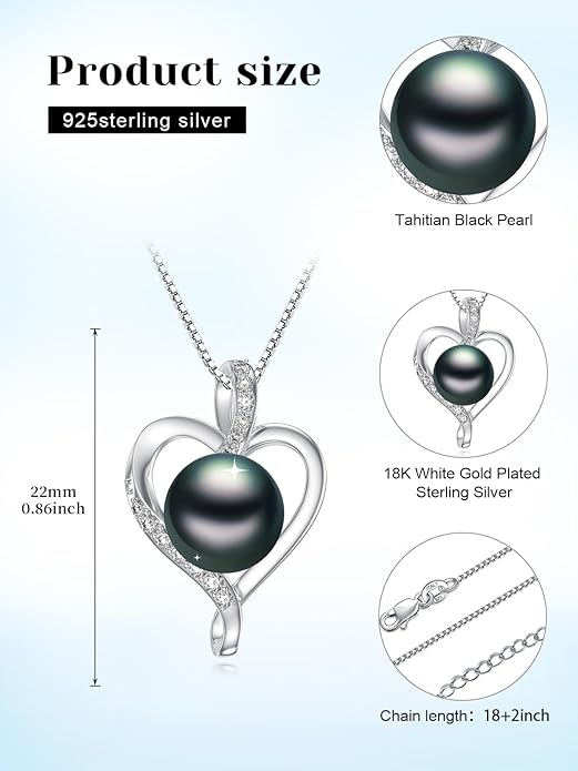 Tahitian Black Pearl 18K White Gold Plated Sterling Silver Heart/Infinity/Four Leaf Clover Pendant Necklace Jewelry Gifts for Women Wife Mom Girlfriend Wedding Birthday Anniversary Christmas