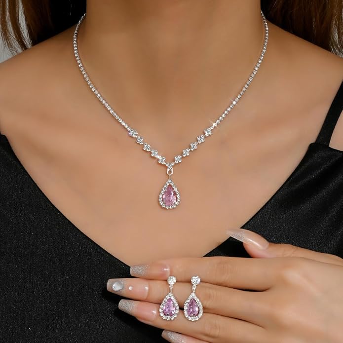 JczR.Y Rhinestone Tennis Necklace Earring Set Zircon Crystal Teardrop Pendant Necklaces Rhinestone Bridal Necklace Earrings for Women Wedding Gowns Prom Statement Jewelry Set