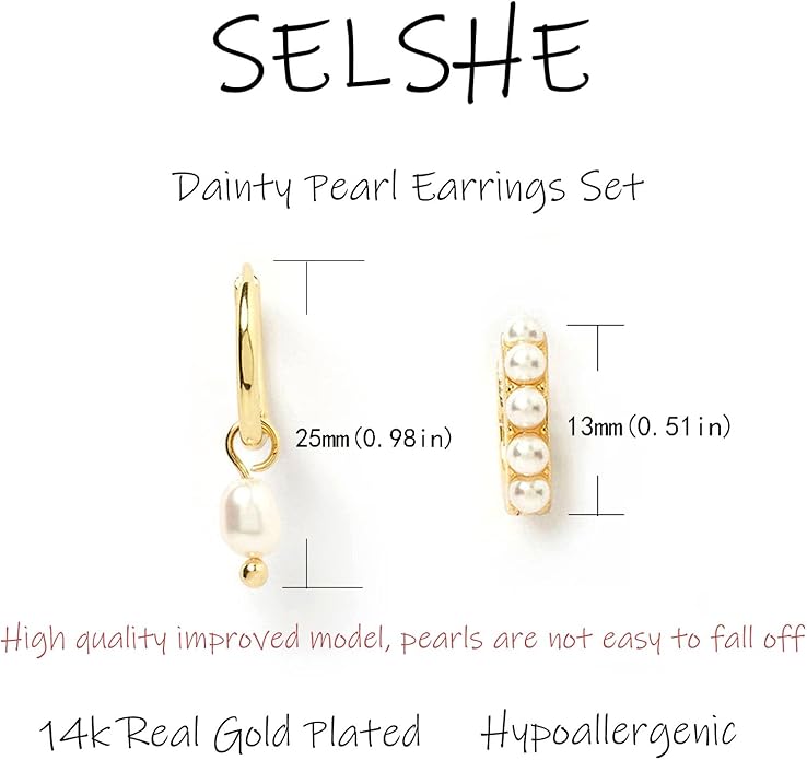 Gold Plated Earrings for Women, 14k Gold Plated Earring Stack Hypoallergenic Pearl Drop Earring Dainty Earrings for Women Trendy Cute Small Huggie Hoop Earring Fashion Womens Jewelry