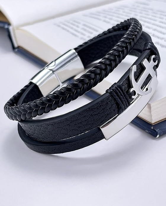 Italian Handmade Genuine Leather Bracelets for Men Stainless Steel Clip, Men's Casual Genuine Multi-layer Cuff Bracelet, Bracelet Gift for Real Men