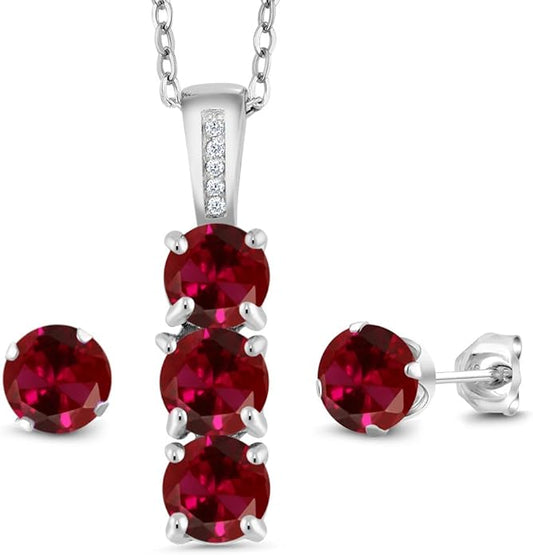 Gem Stone King 925 Sterling Silver 5MM Gemstone Birthstone and White Diamond 3-Stone Pendant and Earrings Jewelry Set For Women | With 18 Inch Chain