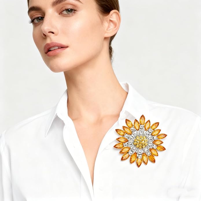 Rhinestone Sunflower Brooch for Women Sparkling Cubic Zirconia Flower Brooch Pin Elegant Large Crystal Floral Lapel Pin Dainty Clothing Hat Bag Accessories Christmas Wedding Bridal Birthday Jewelry