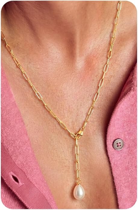 UBGICIG Honeycomb Layered Pendant Necklaces for Women Stackable, Dainty Y-Shaped Lariat Paperclip Pearl Heart Necklace, 16K Gold Silver Plated Long Necklaces Women's Trendy Drop Chain Necklace Jewelry